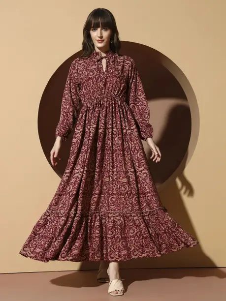 Maroon Paisley Tiered Gathered Maxi Dress