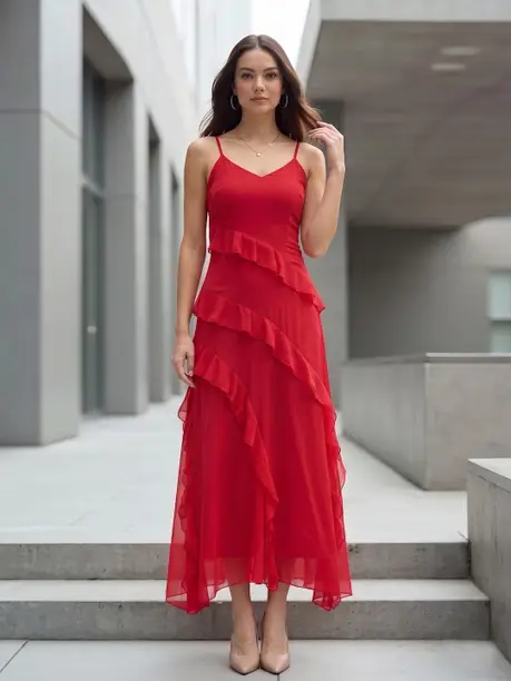 Red Layered Ruffle Strappy Midi Dress