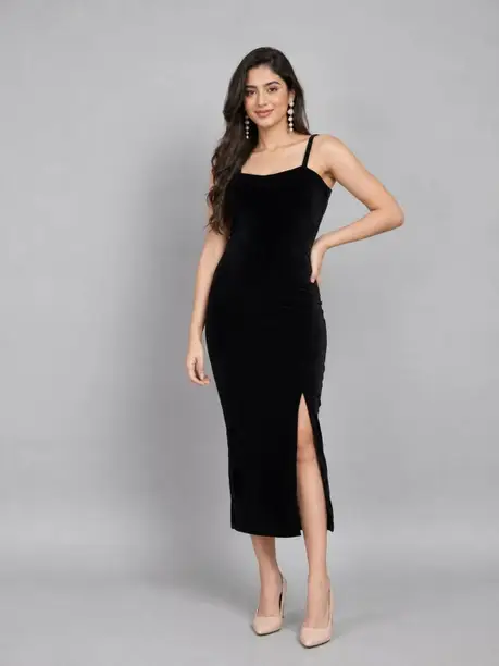 Black Velvet Strappy Side-Slit Midi Dress