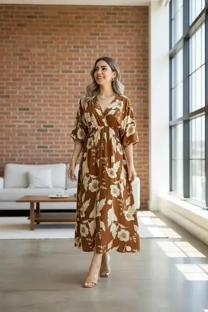Caramel Floral Kimono-Sleeve Wrap Maxi Dress