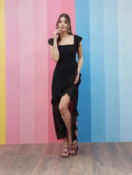 Black Ruffle High-Low Flutter-Sleeve Dress