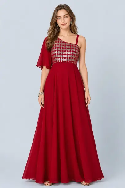 Crimson Sequin One-Shoulder Gown