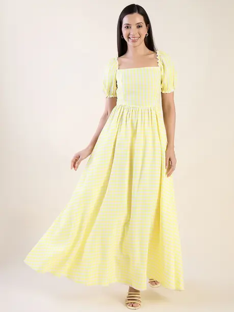 Yellow Checked Puff-Sleeve Flared Maxi Dress